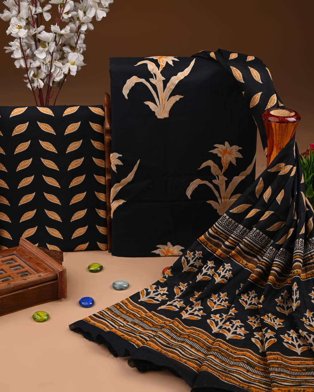 Black Hand Block Printed Cotton Suit with Cotton Dupatta
