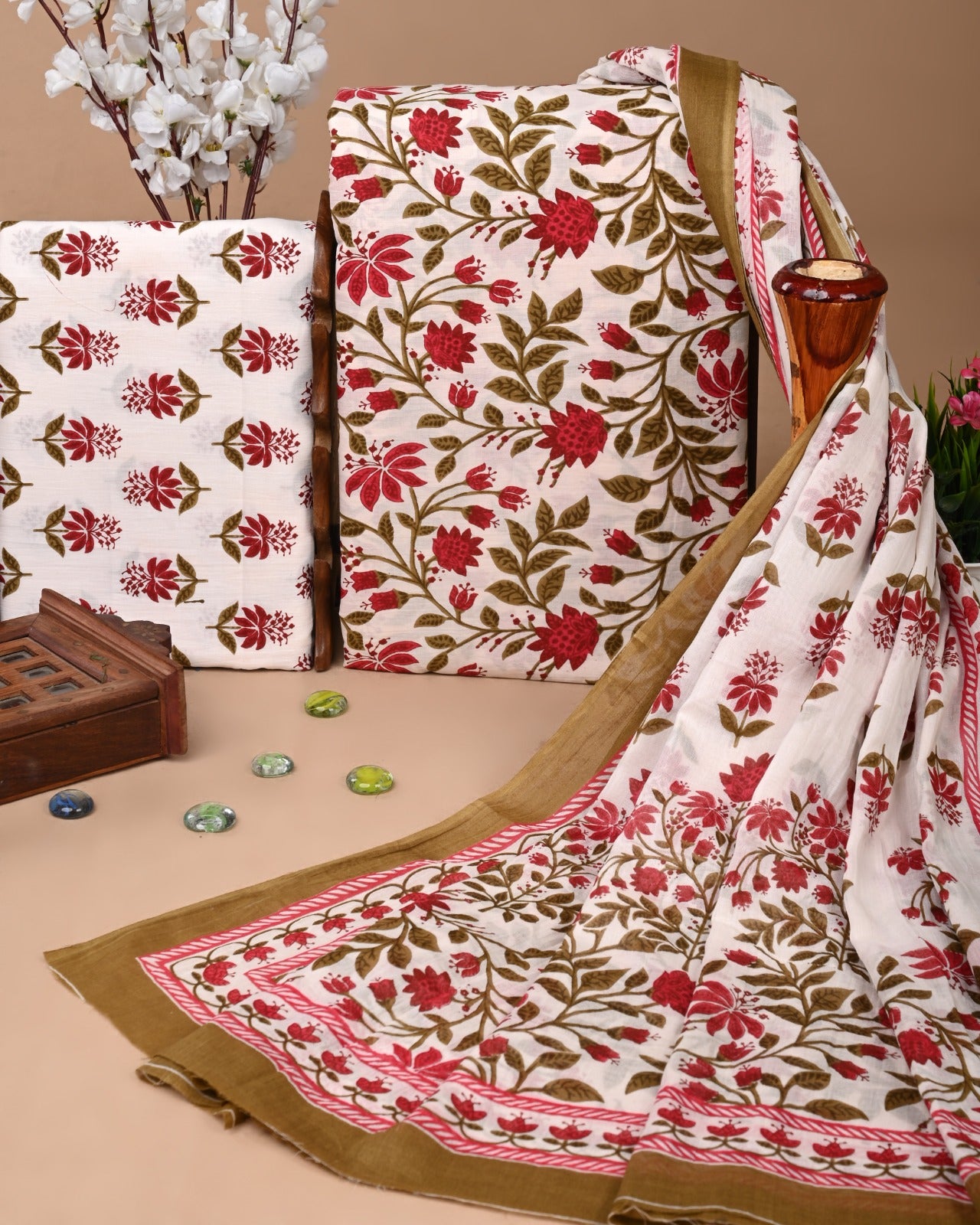Floral Hand Block Printed Pure Cotton Suit with Cotton Dupatta