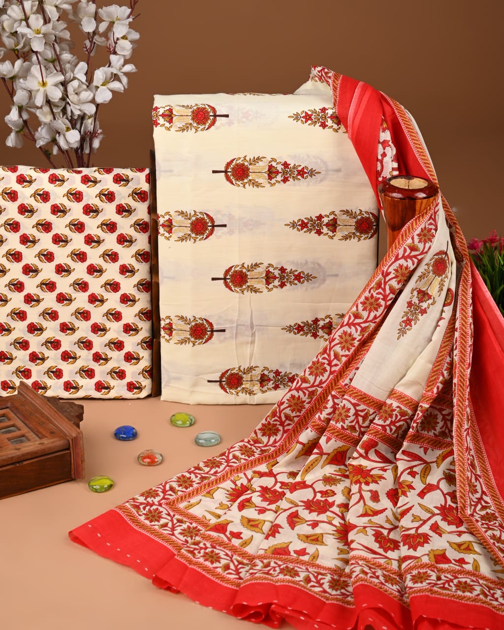 Jaipuri Floral Pure Cotton Suit with Cotton Dupatta