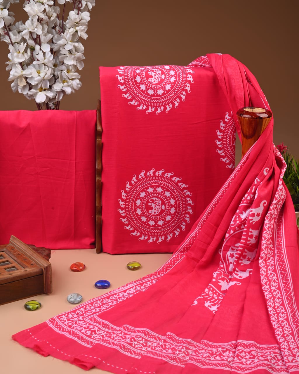 Premium Hand Printed Cotton Suit with Cotton Dupatta