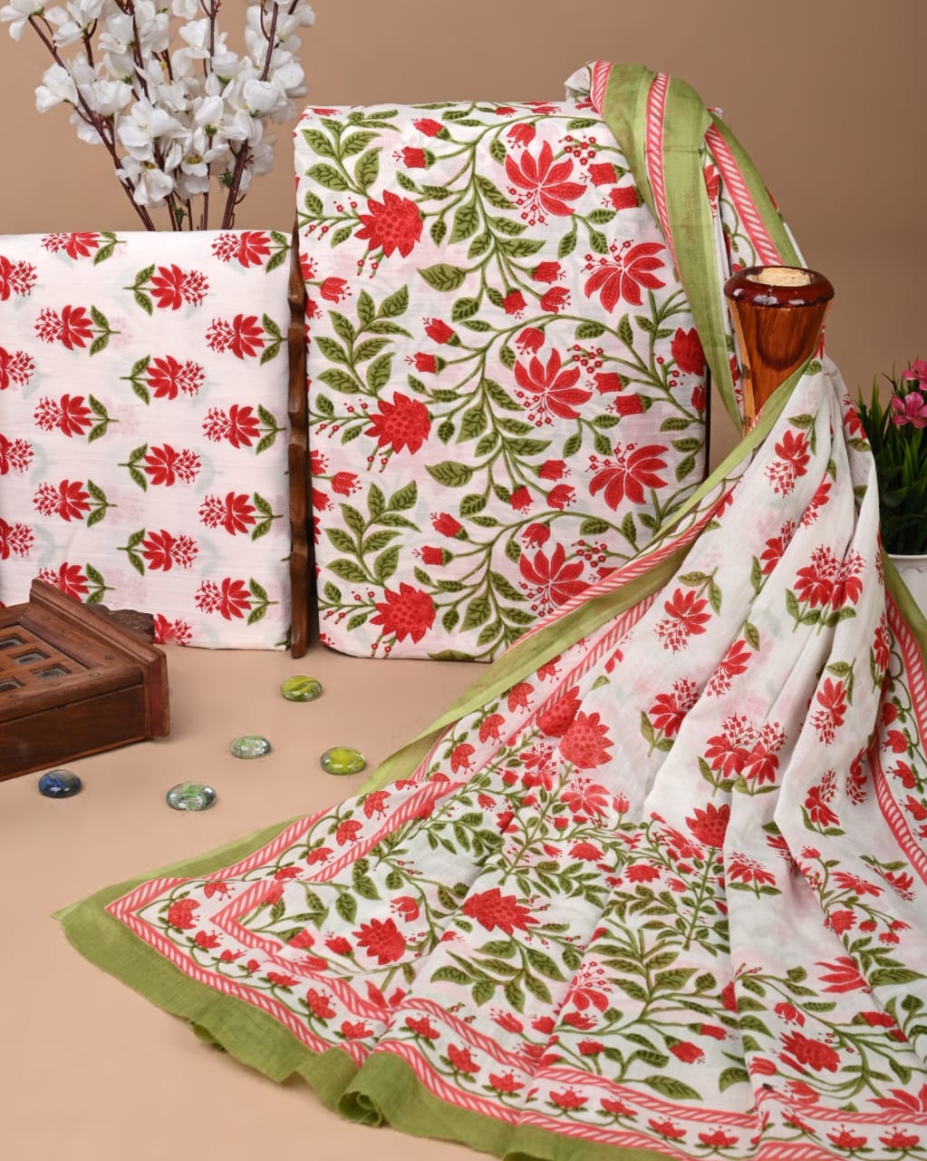 Red Floral Pure Cotton Suit with Cotton Dupatta