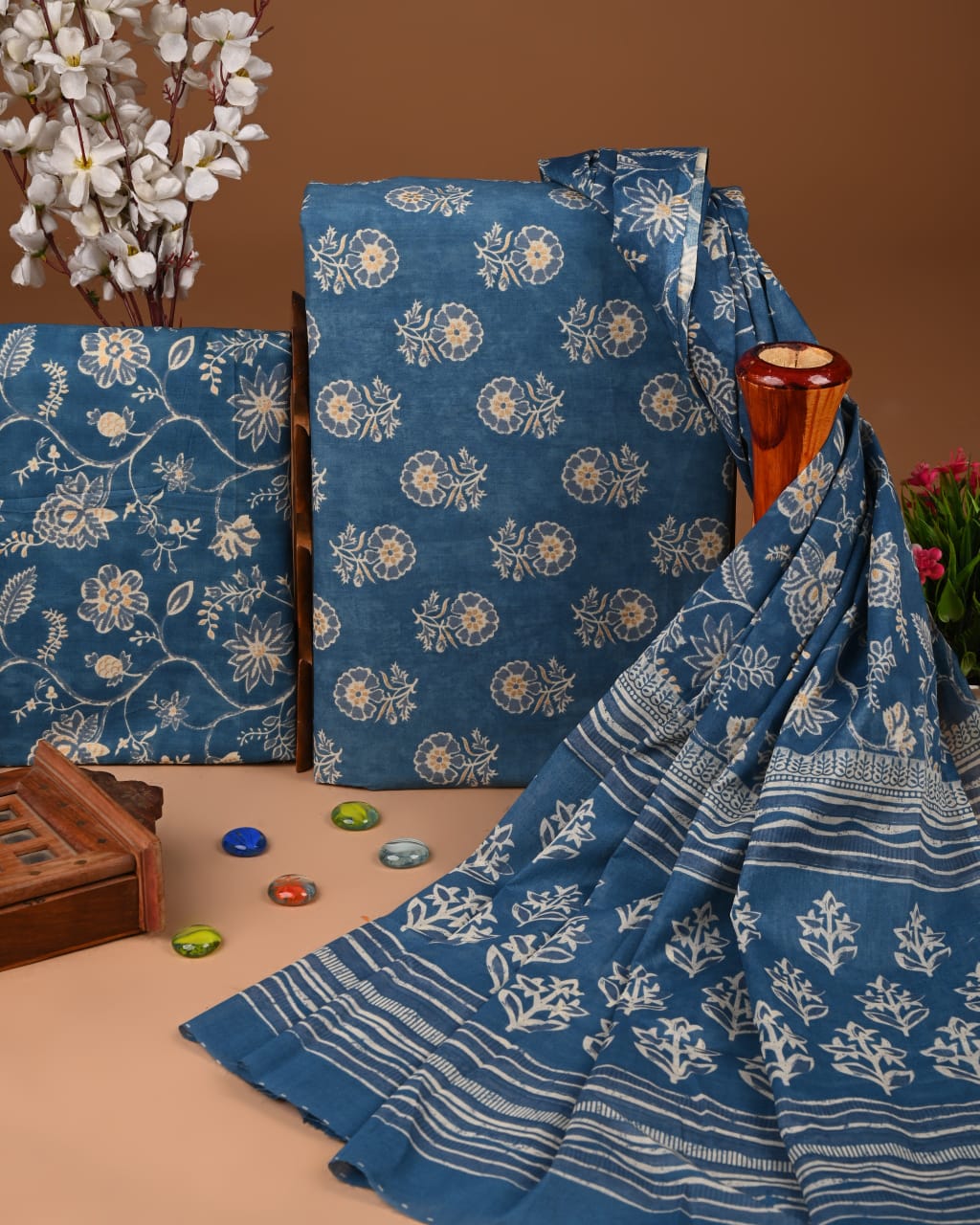 Boota Floral Hand Block Printed Cotton Suit with Cotton Dupatta