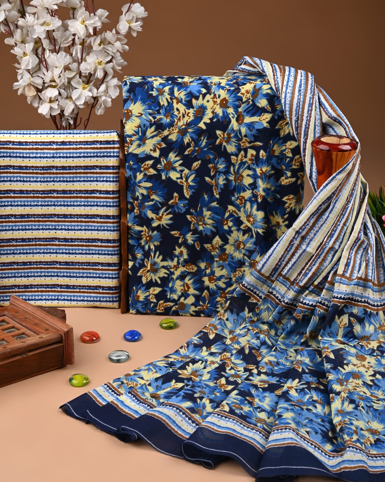 White Floral Printed Best Cotton Suit with Cotton Dupatta