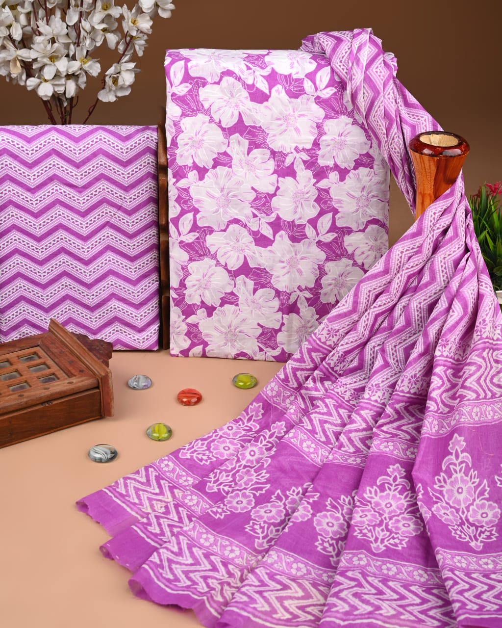 White Floral Printed Unstitched Cotton Salwar Suit with Dupatta