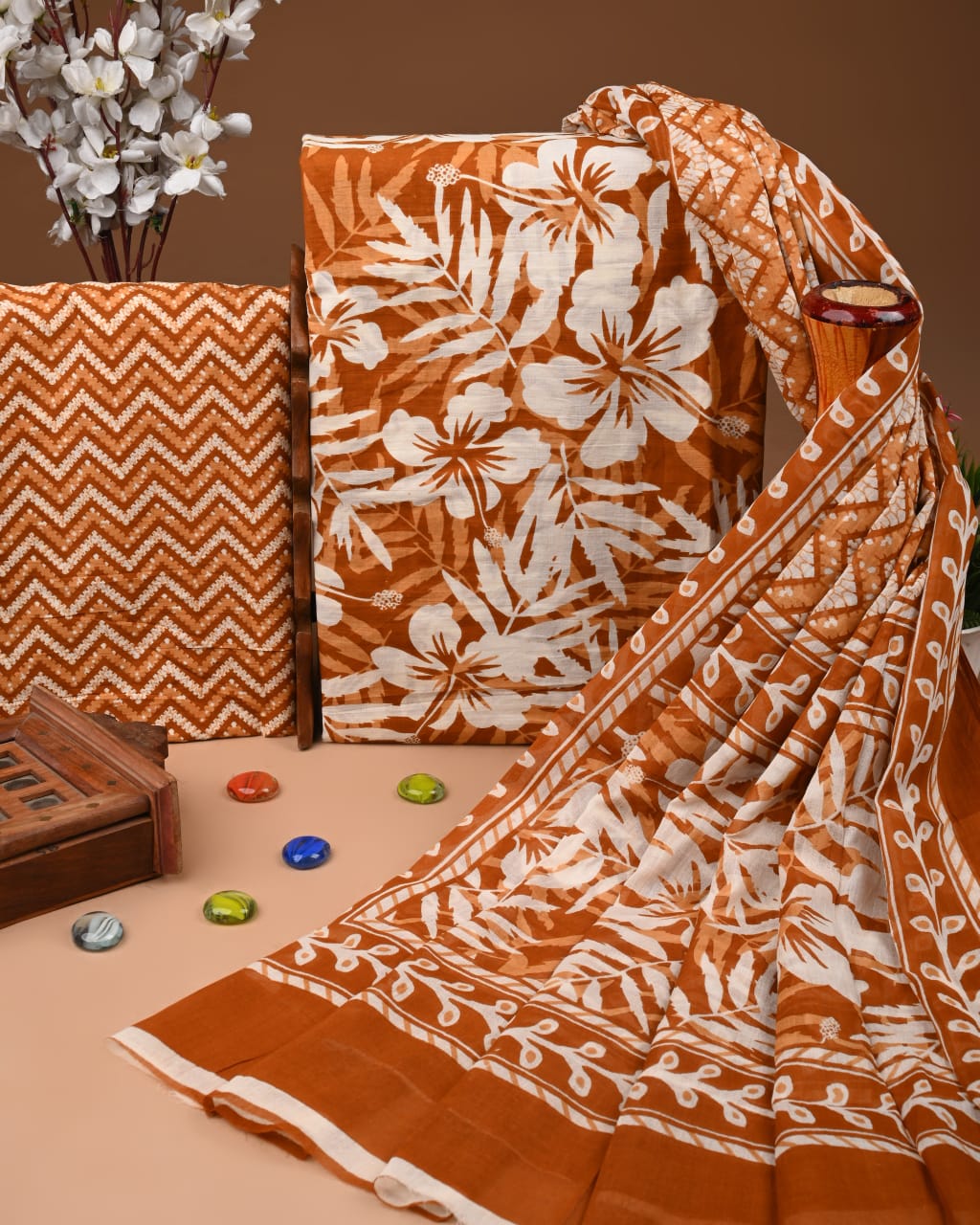 White Floral Pure Cotton Suit with Dupatta